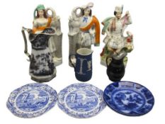 VICTORIAN STAFFORDSHIRE FLATBACK FIGURINES, Flow Blue and other Blue & White plates and three