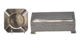 SILVER PRESENTATION CIGARETTE BOX and an engine turned ashtray, the marks to the cigarette box