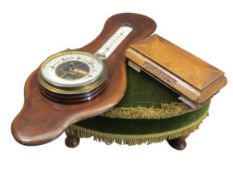 VINTAGE MAHOGANY WALL BAROMETER WITH THERMOMETER, oak lidded box with carved name 'Kathleen' to