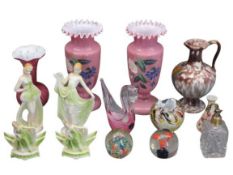 ART DECO POTTERY FIGURINES, Victorian pink Milk glass vases, paperweights and other collectables