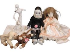 MODERN PORCELAIN HEAD COLLECTOR'S DOLLS (2), Beanie Babies (2) and a plaster of Paris sculpture of a
