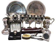 GOOD 3 PIECE EPNS TEA SERVICE, circular tray, Sheffield plate type 'rise and fall' candlesticks, a