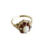 DRESS RING - centre opal and garnet cluster, size R, 2.4grms (one missing garnet)