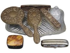 SILVER FOUR PIECE HAND MIRROR, BRUSH & COMB SET - Birmingham 1984, Maker W I Broadway & Co, EPNS