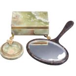 ONYX WARE - a neat oblong onyx and brass cigarette box with corner claw supports, a similar circular