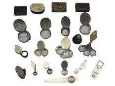 HORN & OTHER POCKET MAGNIFIERS, a collection, along with three vintage papier mache snuff boxes