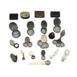 HORN & OTHER POCKET MAGNIFIERS, a collection, along with three vintage papier mache snuff boxes