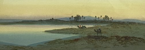 UNSIGNED watercolour - Eastern Scene with lake, camels and riders, 22 x 60cms