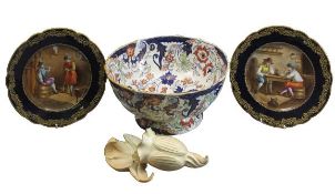 AMHURST FRUIT BOWL, two continental hand painted cabinet plates and a Royal Worcester wall pocket