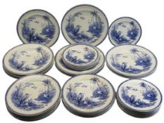 L W HARRISON HERON DECORATED BLUE & WHITE DINNER & SIDE PLATES - three sizes, 26.5cms diameter x