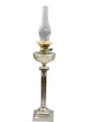 SILVER PLATED CORINTHIAN COLUMN OIL LAMP - with cut glass font, 82cms overall H, no shade