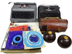 CASED PORTABLE TYPEWRITERS (2), small quantity of vinyl LP and 45rpm records and a pair of cased