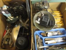 VINTAGE & LATER KITCHEN WARE, loose EPNS and other cutlery, ETC, to include two cast iron sets of