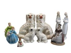 STAFFORDSHIRE SEATED DOGS, two pairs, Nao, Lladro and other figurines