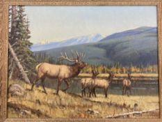 M LINDSTROM oil on canvas - deer at a water's edge with snowy mountainscape background, signed, 45 x