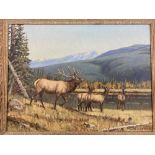 M LINDSTROM oil on canvas - deer at a water's edge with snowy mountainscape background, signed, 45 x