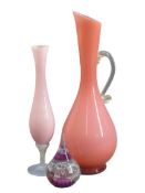 A TALL NARROW NECKED PINK GLASS JUG - with plain scrolled handle, 40cms H, a pink Milk glass