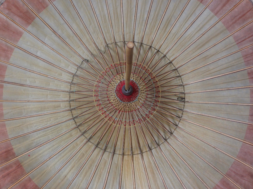 CHINESE PAPER PARASOLS (2) and a set of 6 needlework silk circular placemats - Image 3 of 4