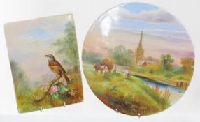 WILLIAM BIRBECK HAND PAINTED PORCELAIN PLAQUES (2), one circular, painted with a countryside scene