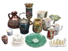 MIXED DECORATIVE POTTERY ITEMS including floral decorated graduated jugs, Hancock's Corea pewter