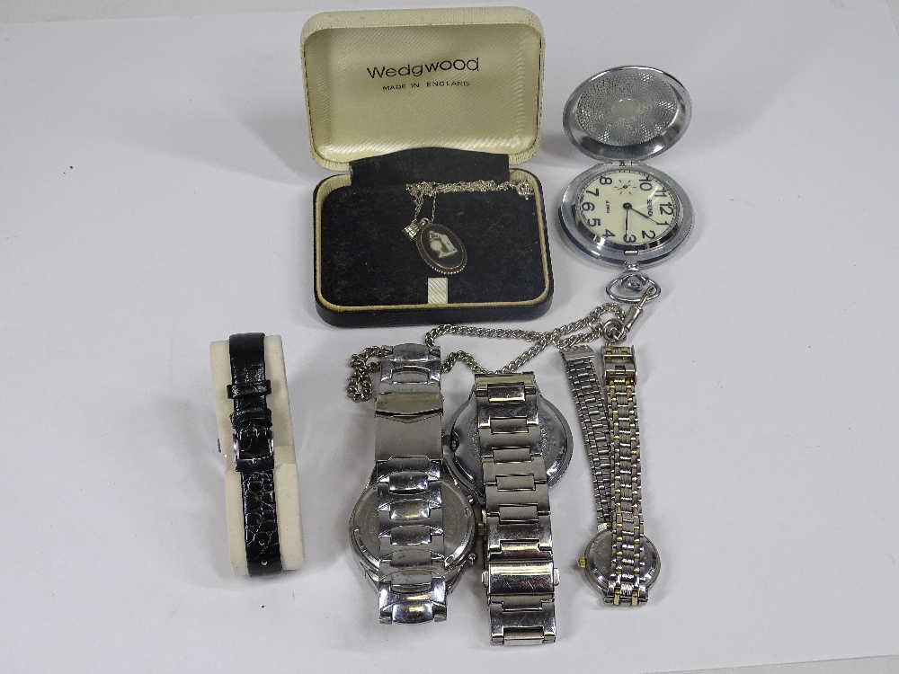 VINTAGE & LATER POCKET & WRISTWATCHES with a Wedgwood silver mounted pendant necklace, the chrome - Image 3 of 5