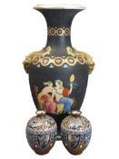 VICTORIAN GREEK DESIGN VASE - with twin gilt goat mask handles decorated to a black ground and two