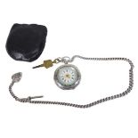 SWISS SILVER LADY'S KEY WIND FOB WATCH - with silver Albert, T bar and heart shaped compass fob, the