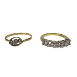 18CT GOLD DRESS RINGS (2) - one having a row of five synthetic diamonds, size mid M-N, stamped '