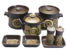 DENBY STONEWARE - to include two lidded casseroles, teapot and cover, three small dishes and a