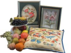 ORNAMENTAL FRUIT - a parcel, on a two-tier white pottery cake stand and a two glazed and framed