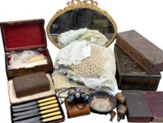 MISCELLANEOUS ASSORTMENT - to include Prinz micro cased field glasses, also, carved boxes, work box,