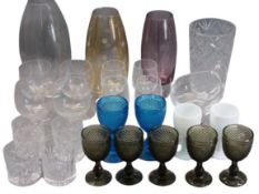 CUT/COLOURFUL GLASS VASES, unusual pedestal jug and a mixed quantity of drinking glassware