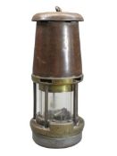 WOLF TYPE MINER'S SAFETY LAMP - with a brass plaque inscribed 'R Evans', 21cms H