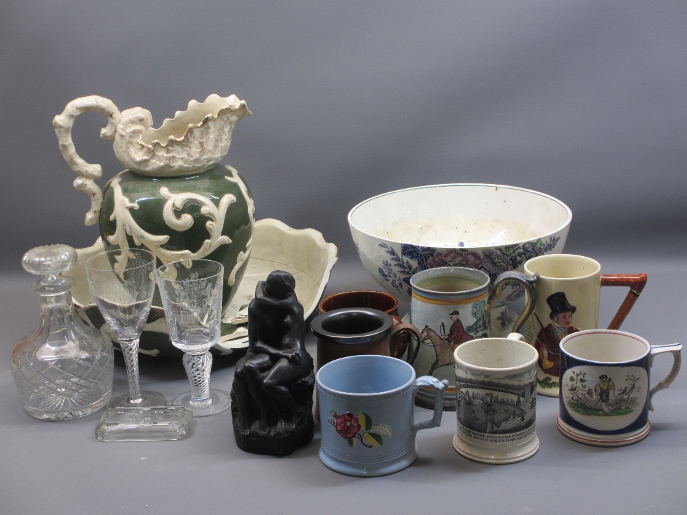 POTTERY TANKARDS, AIR TWIST STEM & OTHER GLASSWARE, large ceramic fruit bowl, wash jug and bowl, - Image 2 of 5