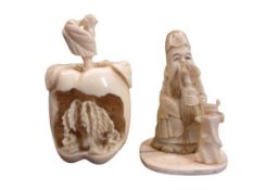 JAPANESE CARVED IVORY OKIMONO, MEIJI PERIOD - two items, standing figure of a Sage having a two-