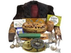 LADY'S VINTAGE FUR JACKET, treen items and other collectables including a metal mounted oak