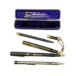 VINTAGE PENS (3 and a pencil) including the Swan pen with gilt metal mounts and hanging chain in a