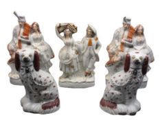 STAFFORDSHIRE FLATBACKS (3) and a pair of seated comforter dogs
