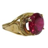 EGYPTIAN GOLD & SOLITAIRE RUBY RING - 10mm diameter stone, indistinct character mark to the gold,