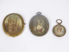19TH CENTURY IVORY SLIP PORTRAIT MINIATURES (2) with a Georgian sand picture miniature of a church