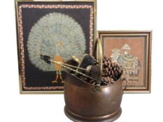VINTAGE BRASS COAL BUCKET, fire irons and additional contents, printed and decorated cloth panel