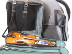 CASED VIOLIN & BOW along with two modern canvas instrument carry cases, 66cms overall L the