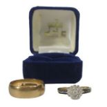 9CT GOLD RINGS (2) - a wide wedding band, size R and a diamond cluster ring with blue sapphires to