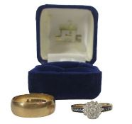 9CT GOLD RINGS (2) - a wide wedding band, size R and a diamond cluster ring with blue sapphires to