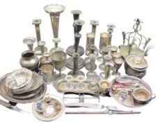 EP & OTHER CANDLESTICKS, vases, epergne stand and other items of plated metalware