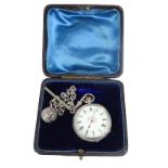 SWISS 935 SILVER LADY'S FOB WATCH - on a white metal Albert with T bar and ball fob, enamelled light