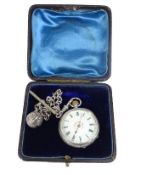 SWISS 935 SILVER LADY'S FOB WATCH - on a white metal Albert with T bar and ball fob, enamelled light