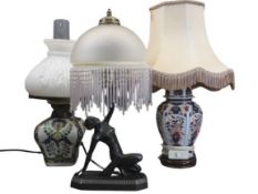 VINTAGE PARAFFIN & MODERN ELECTRIC DECORATIVE TABLE LAMPS (3) to include a glass font example,
