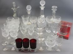 GLASSWARE - four sundry decanters with seven porcelain spirit labels on chains and a parcel of mixed