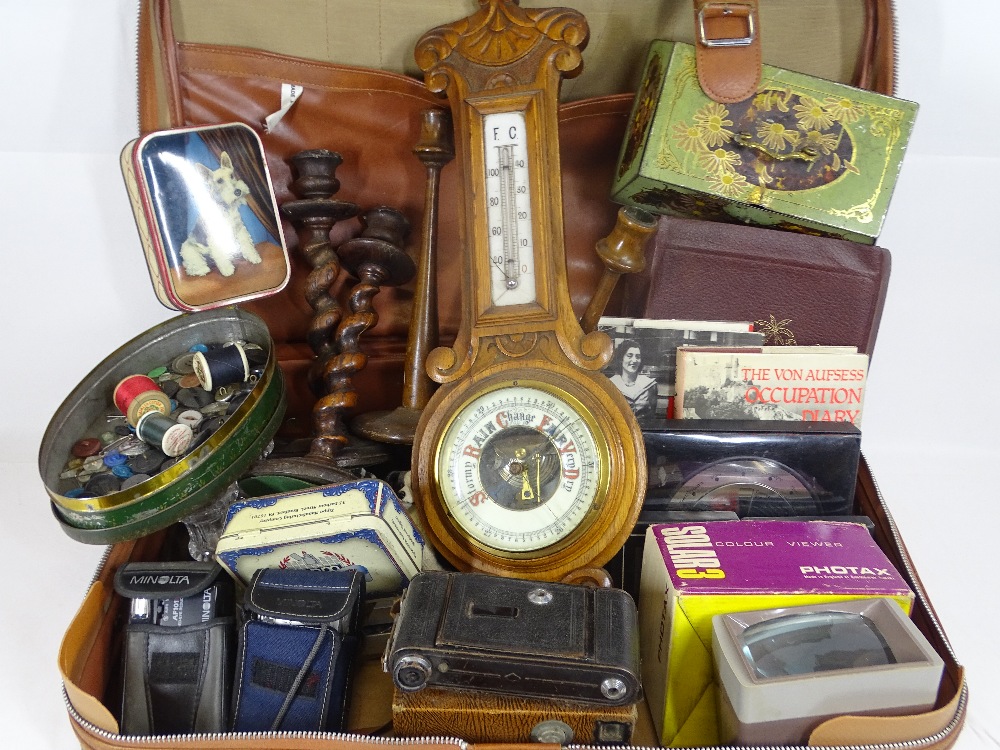 MIXED COLLECTABLES GROUP - within a vintage suitcase and loose to include an oak framed barometer, - Image 2 of 2